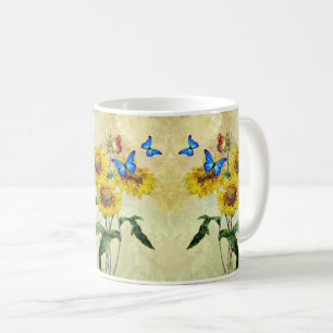 Blue Butterfly and Yellow Sunflower Nature Floral Coffee Mug