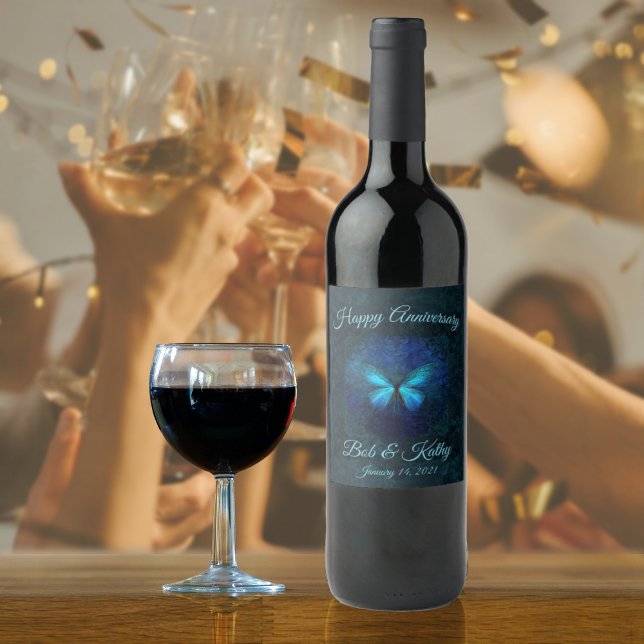 Blue Butterfly Anniversary Wine Label (Blue Butterfly Anniversary Wine Label - Names and Date Template)