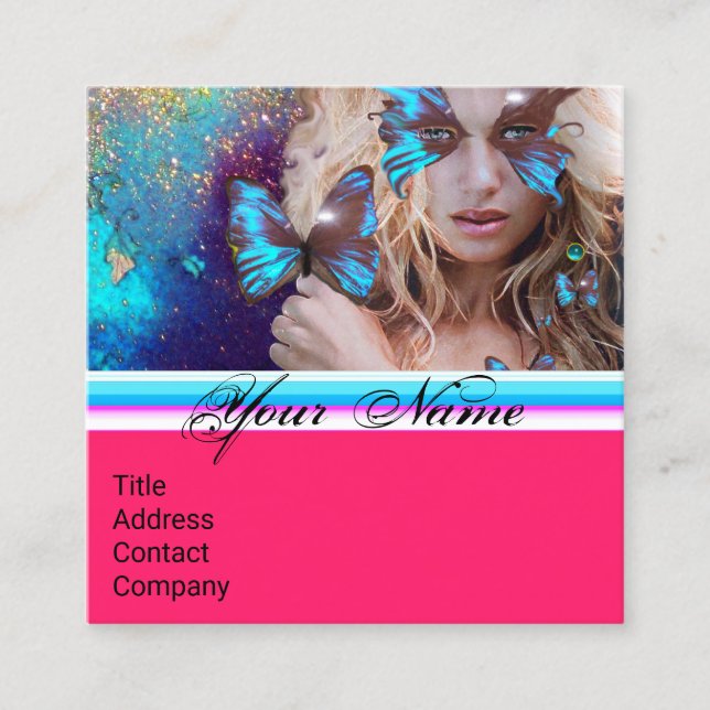 BLUE BUTTERFLY BEAUTY MAKE UP ARTIST Hot Pink Square Business Card (Front)