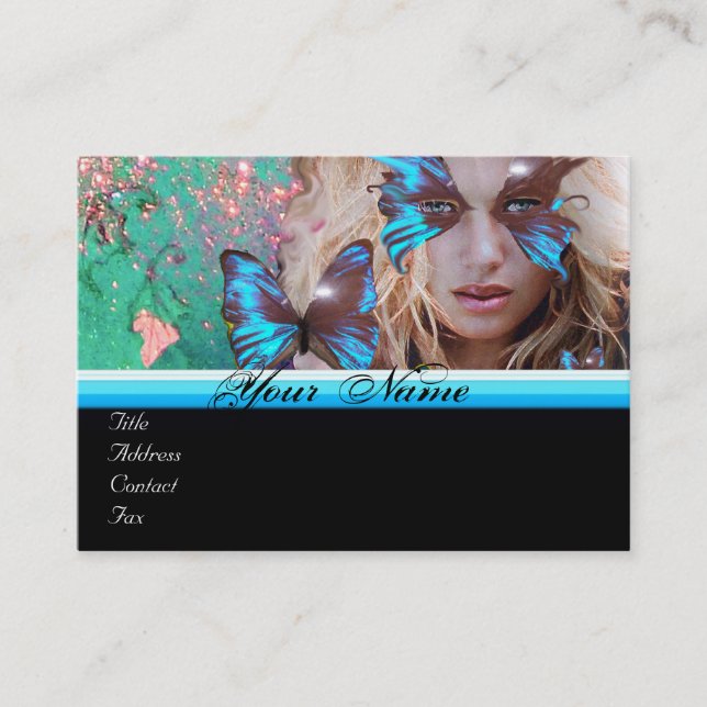 BLUE BUTTERFLY BEAUTY MAKEUP ARTIST Pink Green Business Card (Front)