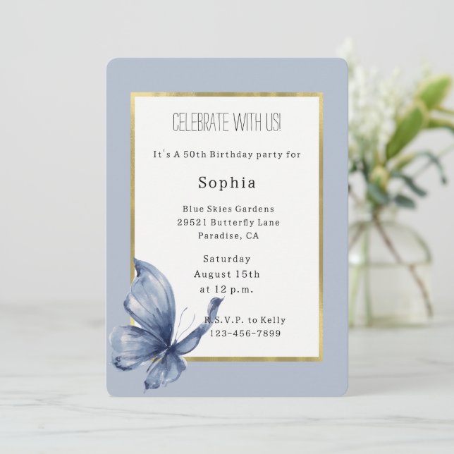 Blue Butterfly Birthday Invitation (Standing Front)