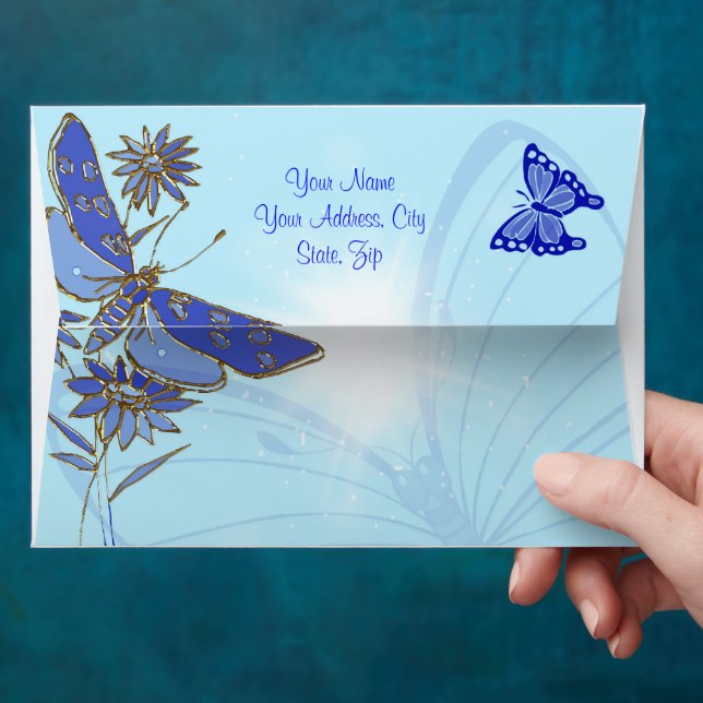 Blue Butterfly Birthday Invitation Card Envelope (Hand)