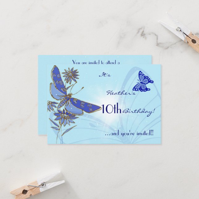 Blue Butterfly Birthday RSVP Invitation Card (Front/Back In Situ)