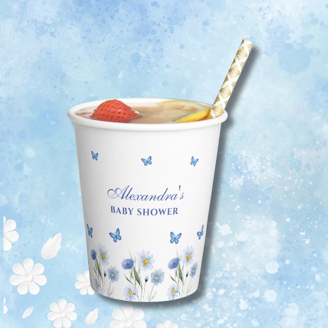 Blue Butterfly Boho Floral Wildflower Baby Shower Paper Cups (Creator Uploaded)
