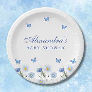 Blue Butterfly Boho Wildflower Baby Shower Paper Plate