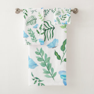 Blue Butterfly Botanical Greenery Watercolor Bath Towel Set