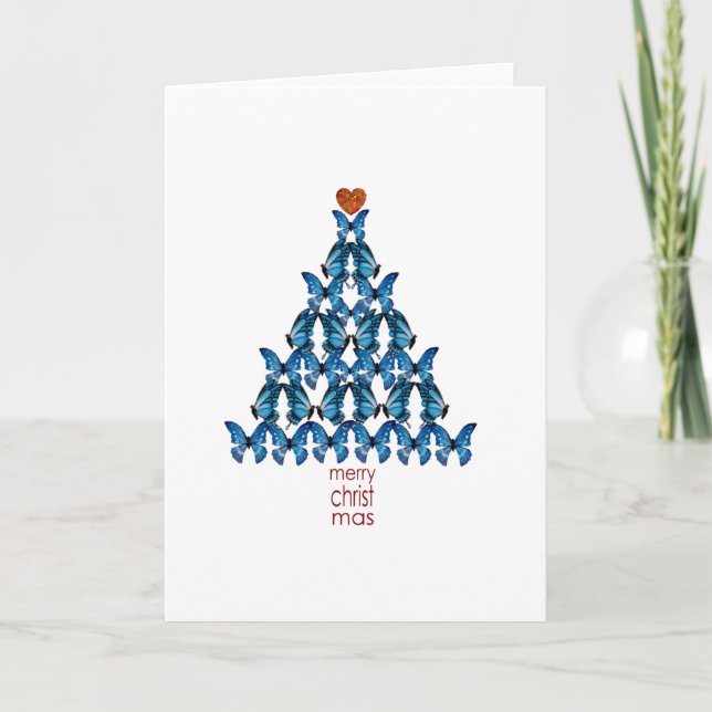 Blue Butterfly Christmas Tree Holiday Card (Front)