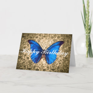 Blue butterfly damask Happy Birthday Vintage art Card