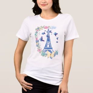 Blue Butterfly Eiffel Tower Floral Paris Aesthetic Tri-Blend Shirt