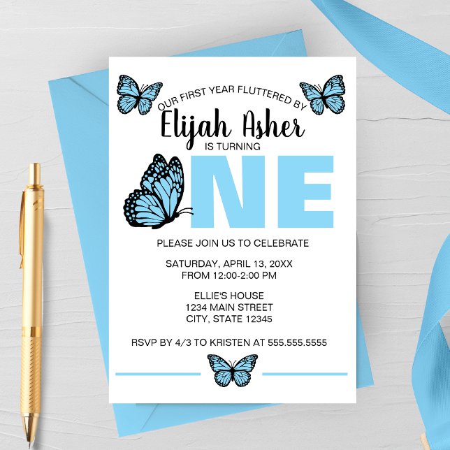 Blue Butterfly First Birthday Invitation (Blue Butterfly Spring Birthday Party Invitation | First Birthday Party Invitation)