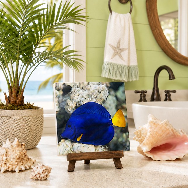 Blue Butterfly Fish Coral Reef Ocean Fish Tile (tropical beach theme decorative ceramic tile with blue butterfly fish coral reef in coastal bathroom)