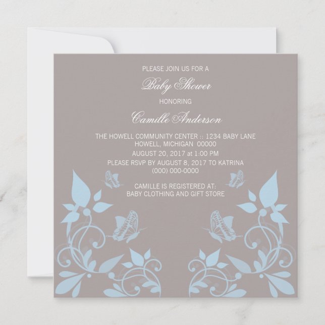 Blue Butterfly Floral Baby Shower Invite (Front)