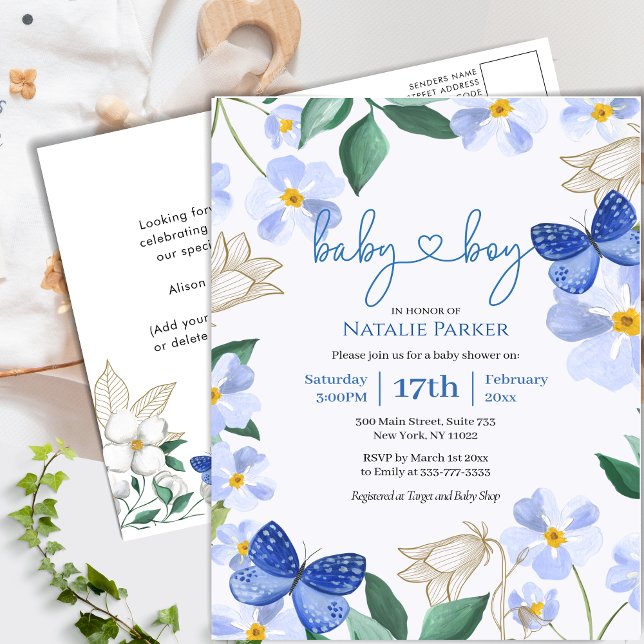 Blue Butterfly Floral Foliage Boy Baby Shower Invitation Postcard (Creator Uploaded)