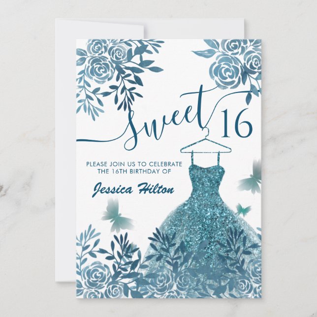 Blue Butterfly floral garden dress sweet sixteen Invitation (Front)