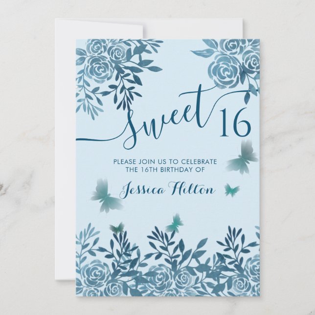 Blue Butterfly floral garden sweet sixteen Invitat Invitation (Front)
