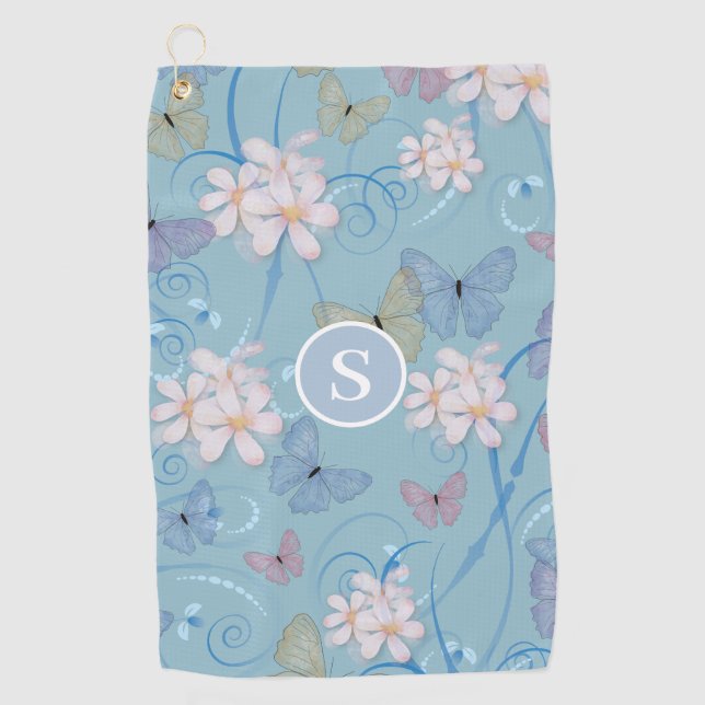 Blue Butterfly Floral Monogram  Golf Towel (Front)