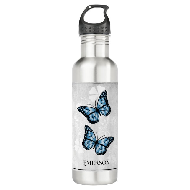Blue Butterfly Floral Personalised 710 Ml Water Bottle (Front)