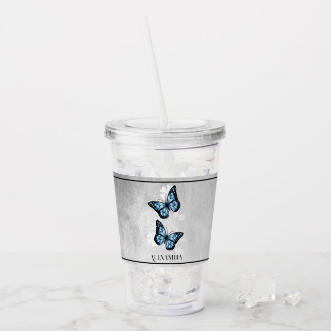 Blue Butterfly Floral Personalised Acrylic Tumbler (Front Ice)