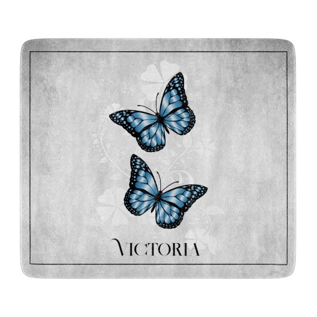 Blue Butterfly Floral Personalised Cutting Board (Front)