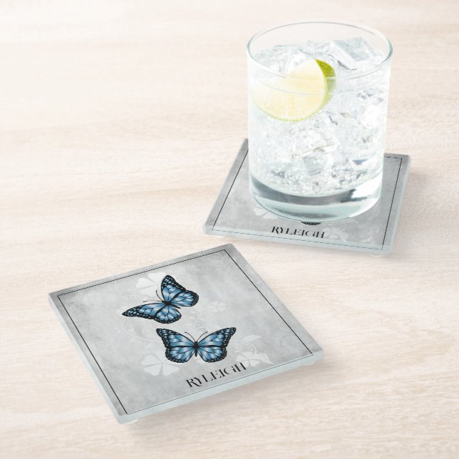 Blue Butterfly Floral Personalised Glass Coaster (Angled)