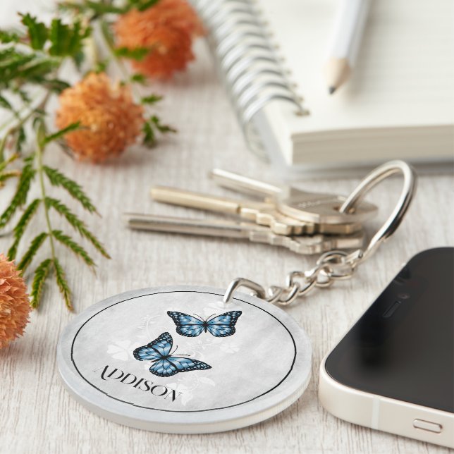 Blue Butterfly Floral Personalised Keychain (Front Right)