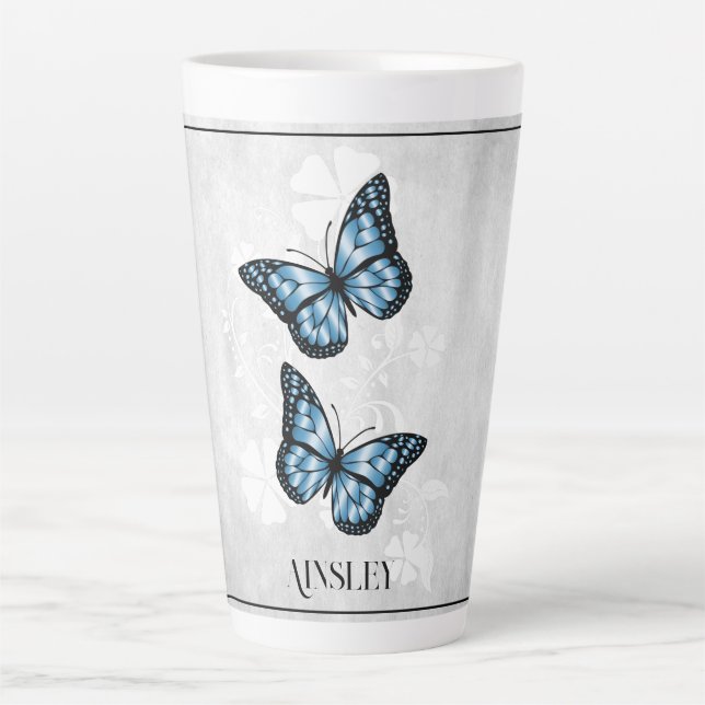 Blue Butterfly Floral Personalised Latte Mug (Front)