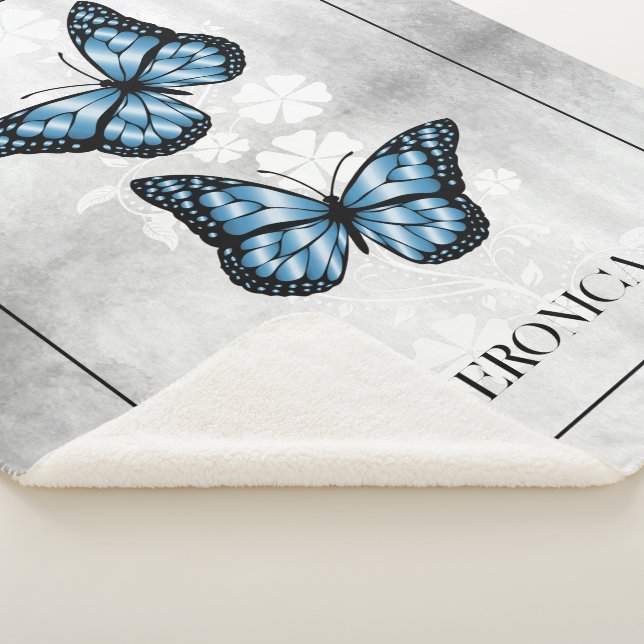 Blue Butterfly Floral Personalised Sherpa Blanket (3/4)