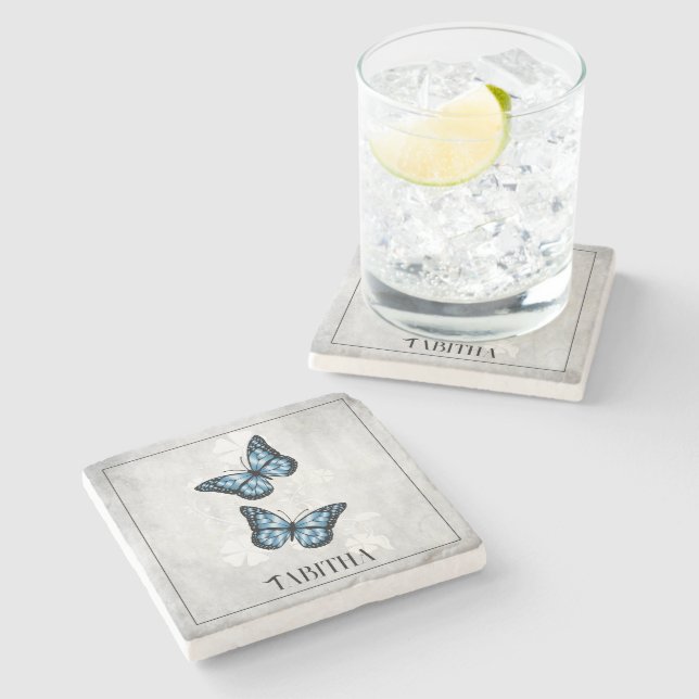 Blue Butterfly Floral Personalised Stone Coaster (Side)