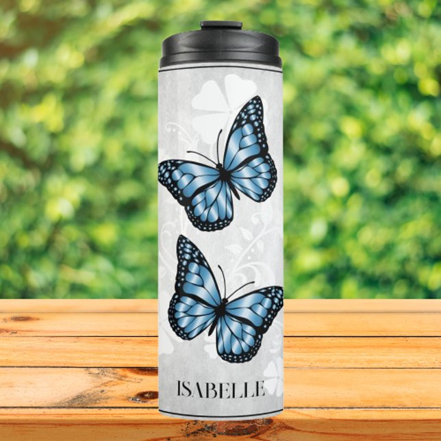 Blue Butterfly Floral Personalised Thermal Tumbler (Blue Butterfly Floral Personalized Thermal Tumbler)