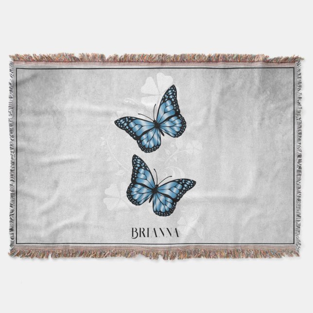 Blue Butterfly Floral Personalised Throw Blanket (Front)