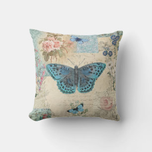 Blue Butterfly Floral Script Ephemera Cottagecore Cushion