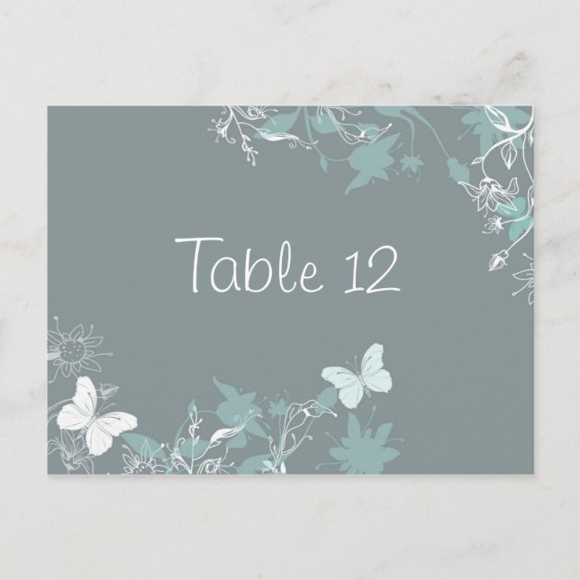 Blue Butterfly Floral Table Number Card Wedding (Front)