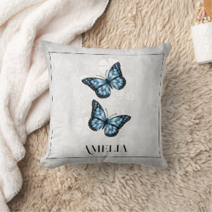 Blue Butterfly Floral Throw Pillow