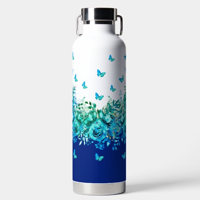 Blue Butterfly Floral Water Bottle (Front)