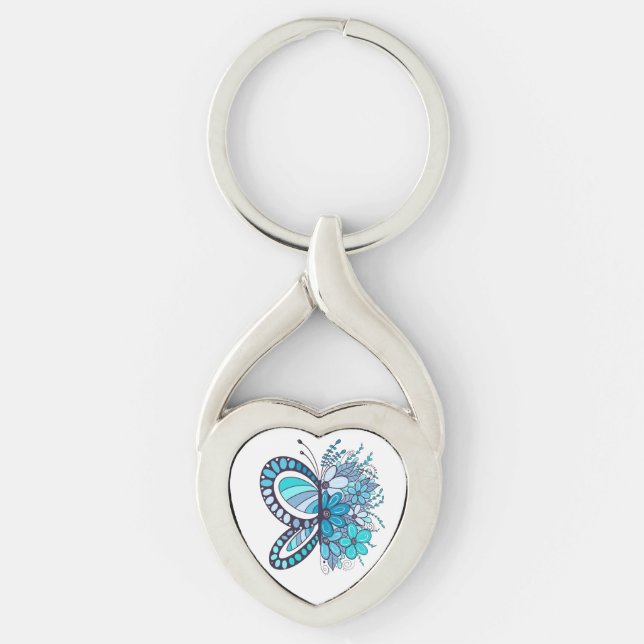 Blue Butterfly Flower Heart Keychain (Front)
