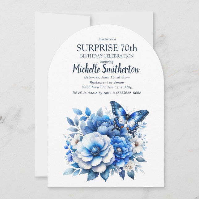 Blue Butterfly Flowers Arch Surprise 70th Birthday Invitation (Front)