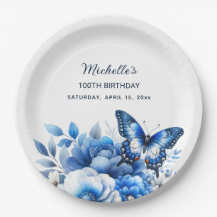 Blue Butterfly Flowers Elegant 100th Birthday Paper Plate
