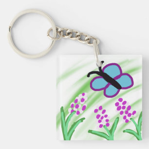 Blue Butterfly Flowers Key Ring