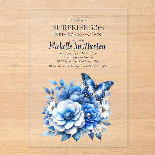 Blue Butterfly Flowers Surprise 50th Birthday Acrylic Invitations
