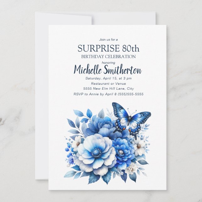 Blue Butterfly Flowers Surprise 80th Birthday Invitation (Front)