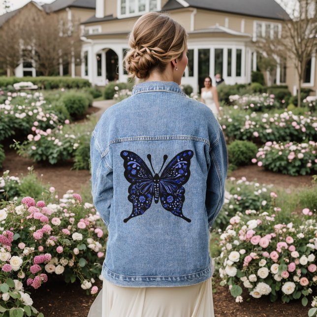 Blue Butterfly Folk Art  Denim Jacket (Wedding Back)