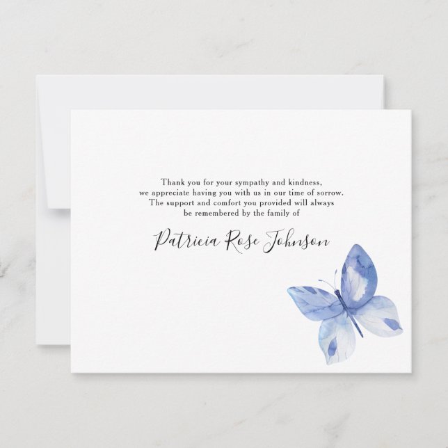 Blue Butterfly Funeral Memorial Thank You Card (Front)