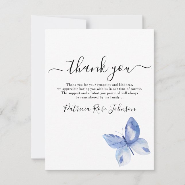 Blue Butterfly Funeral Memorial Thank You Note (Front)