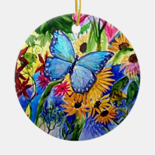 Blue Butterfly Garden watercolor Ceramic Tree Decoration