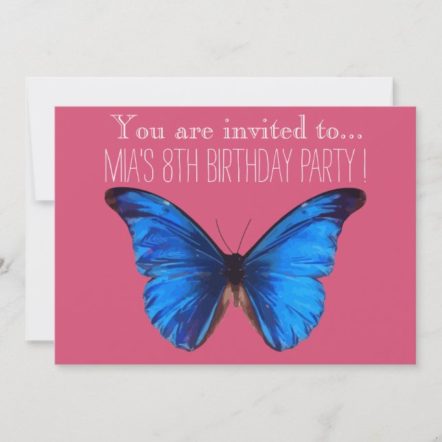 Blue butterfly girl or tween birthday party invitation (Front)