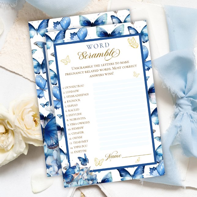 Blue Butterfly Gold Baby Shower Word Scramble (Creator Uploaded)