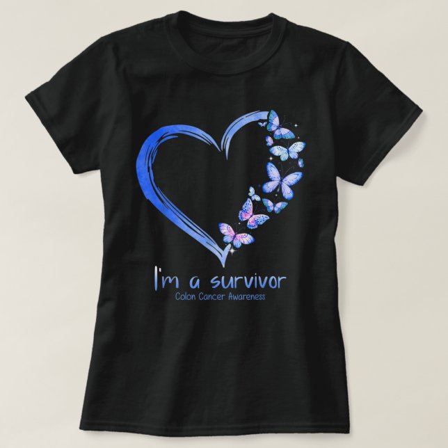 Blue Butterfly Heart I'm A Survivor Colon Cancer A T-Shirt (Design Front)
