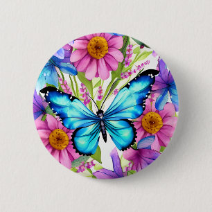 Blue Butterfly In a Field of Flowers 6 Cm Round Badge