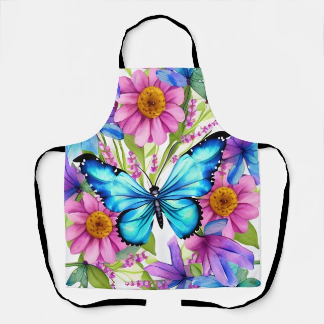 Blue Butterfly In a Field of Flowers Apron (Front)