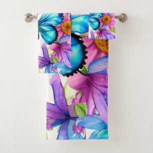 Blue Butterfly In a Field of Flowers Bath Towel Set
